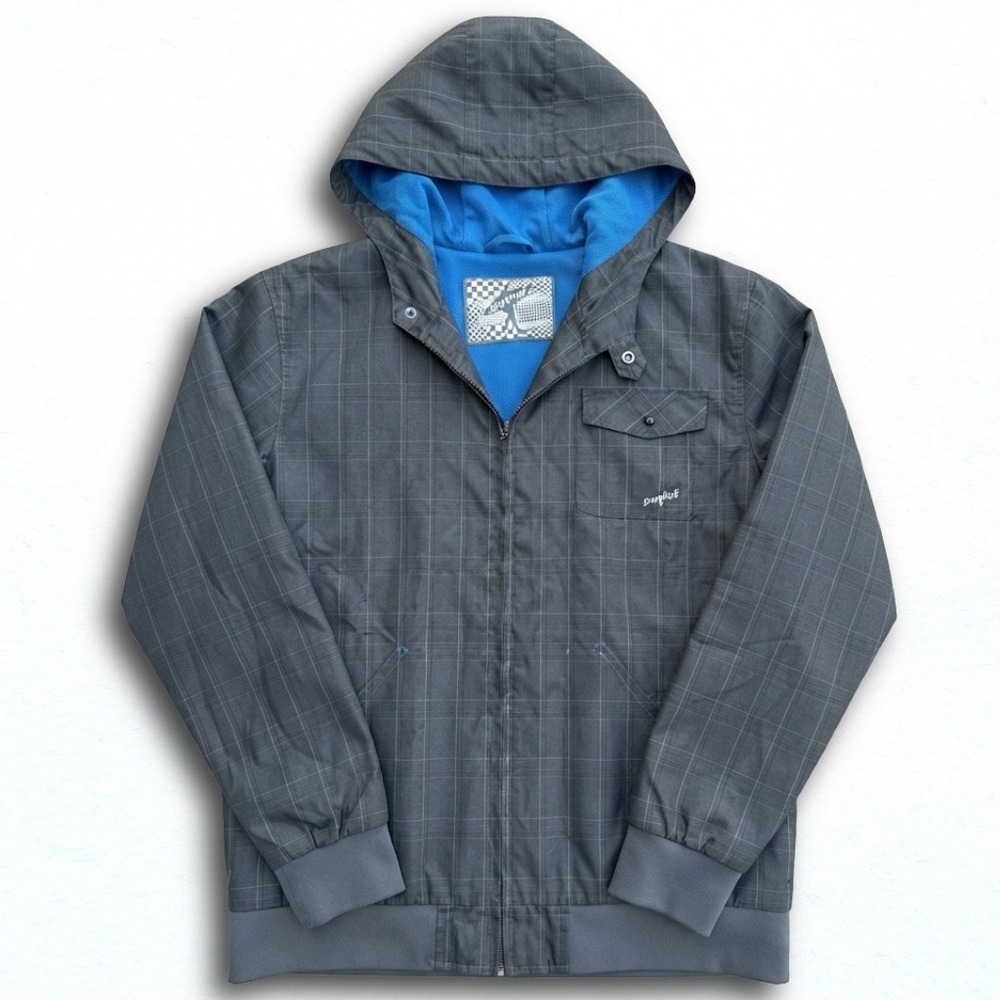 Surplus Mens XL Grey Grid Windbreaker Jacket Blue Mesh Lining Hooded Full Zip